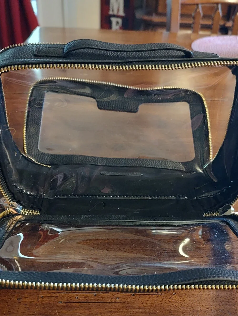BELLAMI Black Toiletry Case with Clear Top and Gold Accents